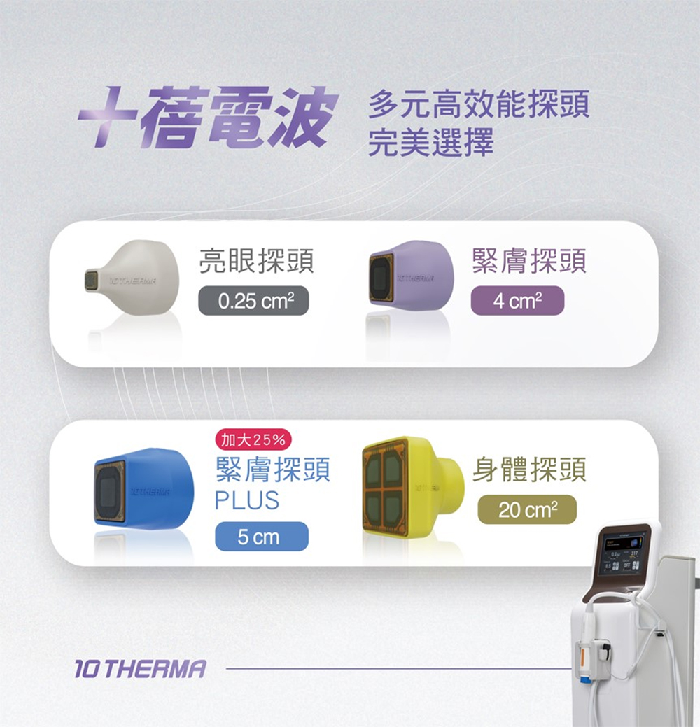 十蓓電波四款多元高效能探頭：0.25cm²亮眼探頭、4cm²緊膚探頭、5cm²緊膚探頭PLUS與20cm²身體探頭-致然雅暮醫美診所